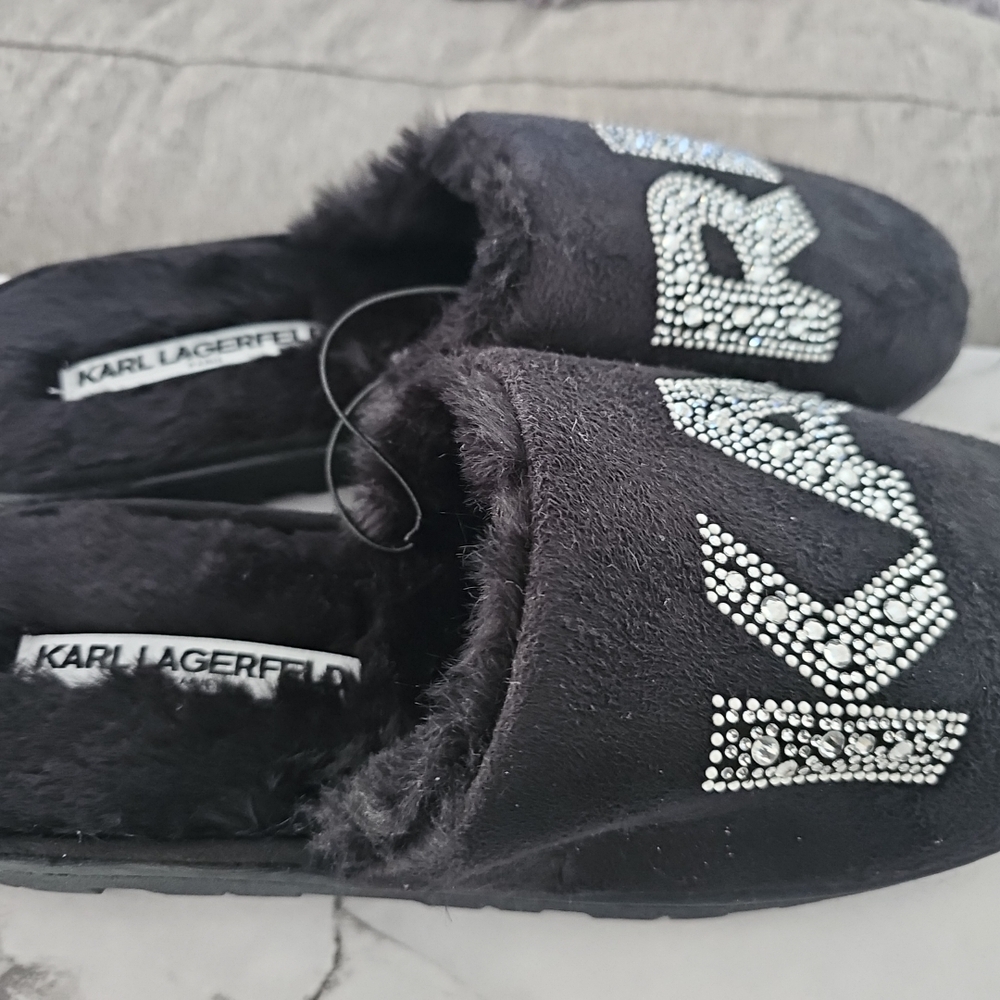 Karl Lagerfeld Black Slippers with Sparkling Accents